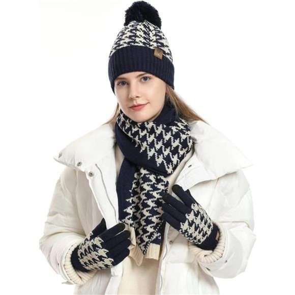 Women's Winter Beanie Hat Scarf and Gloves Set with Fleece Lined Navy Blue